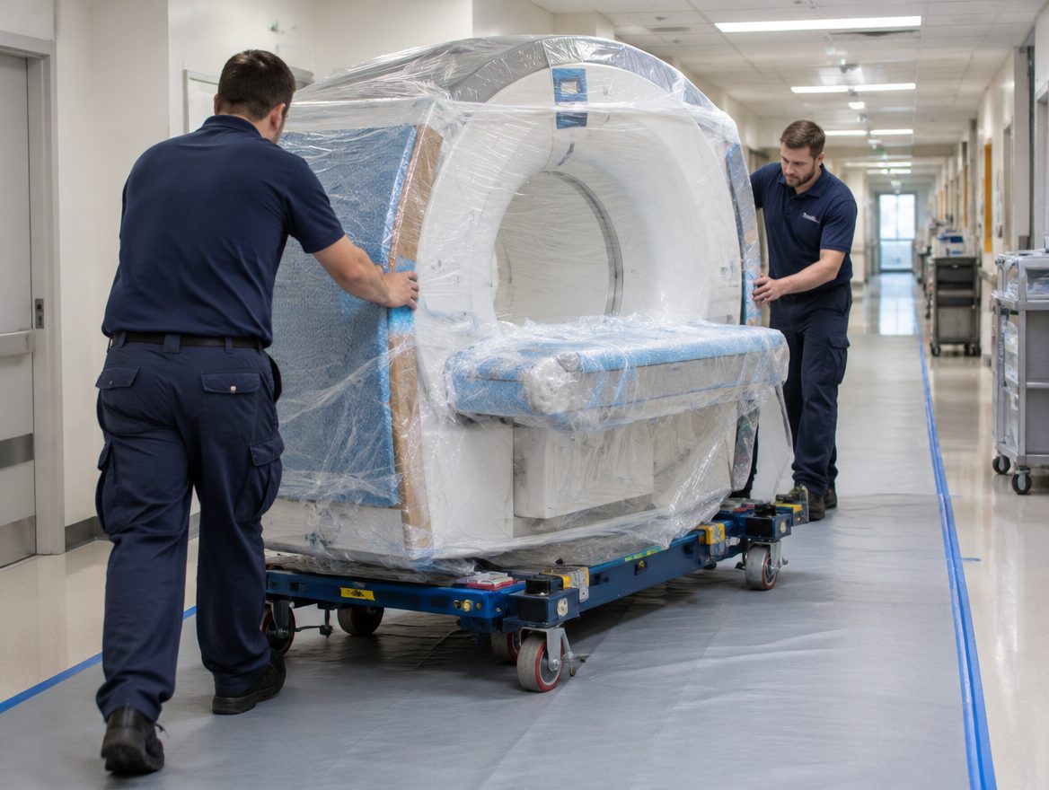 Medical device delivery crew guiding a wrapped imaging machine on equipment dollies down a hospital corridor