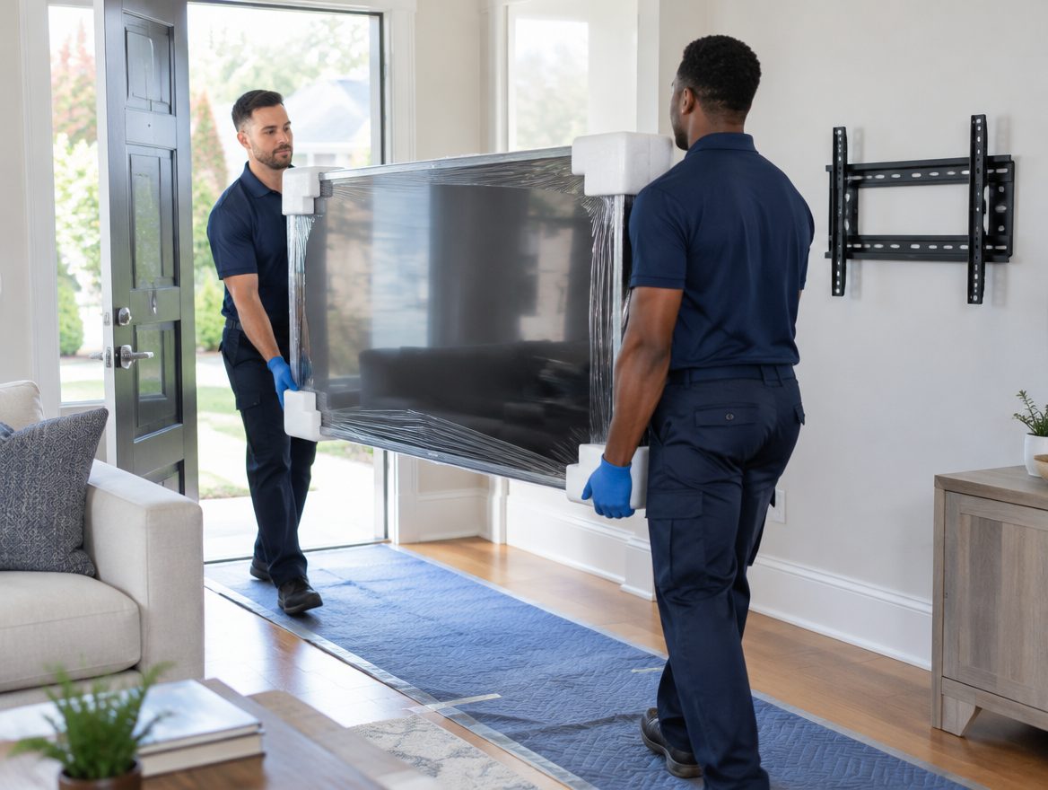 White glove final mile delivery crew carrying a wrapped flat-screen TV into a living room in Charlotte, NC